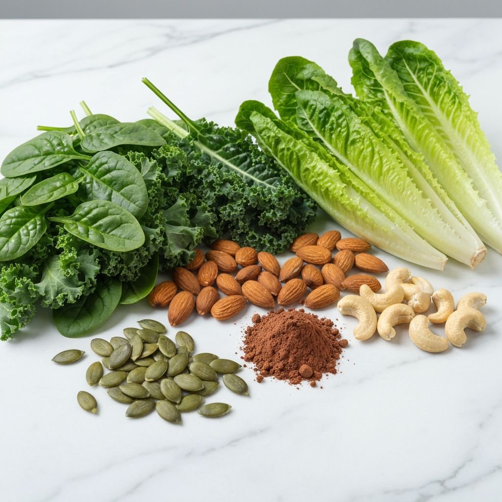 Magnesium-rich foods including leafy greens and seeds